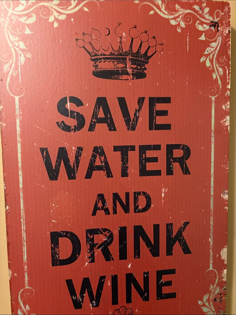 Vintage-Style Red 'Save Water and Drink Wine' Wall Sign